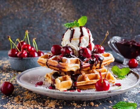 Waffeln mit Kirschen und Vanilleeis