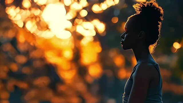 girl meditating among the trees. Focus and tune in to your goal, using affirmations for motivation to remind yourself of your goals.