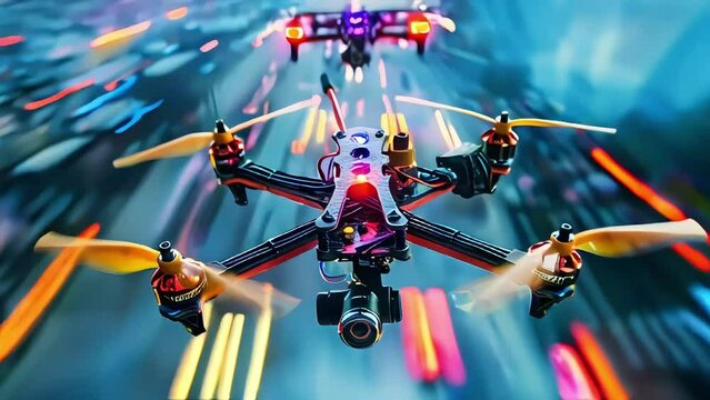 Maneuverable FPV drones, high-speed aerial acrobatics, dynamic competitions on winding tracks. 