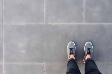 Overhead view of an individual's feet in sneakers on a textured gray tile surface. Person Standing on Gray Tiled Floor