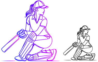 line art woman posing cricket playing style