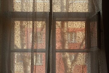A window with a white wood frame overlooking the neighboring house, sun is shining through thin translucent curtains.