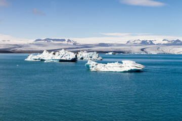 a stunning panoramic view over the unique breathtaking and iconic Jökulsárlón lagoon lake in...
