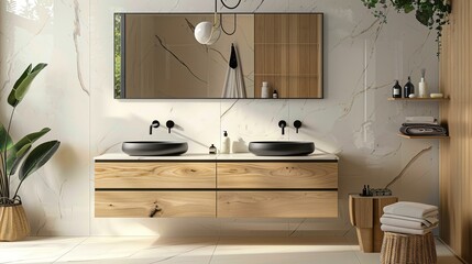 A Scandinavian bathroom with marble tiles, a floating wooden vanity, and black minimalist taps