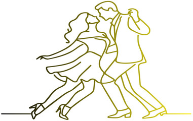 Salsa couple dancing continuous one line drawing. Latin ballroom dance, isolated on white. Hand drawn dancer vector clip art sketch style