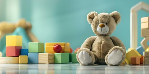 Colorful childhood toy set featuring teddy bear and blocks on turquoise background. Concept Childhood Memories, Teddy Bear, Building Blocks, Colorful Props, Turquoise Background