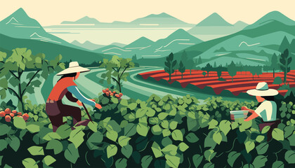 Farmers harvesting coffee beans in the field. Vector flat illustration.