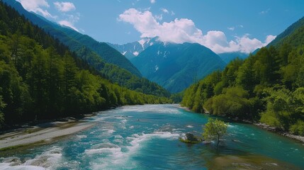 Fototapeta na wymiar Mountain River Scenery during Summer Vacation and Travel