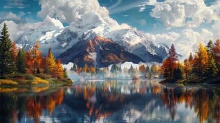 A serene mountain landscape with snow-capped peaks piercing through the clouds, a tranquil alpine lake reflecting the vibrant colors of the surrounding autumn foliage. High quality photo 