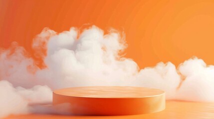 Abstract background smoke pedestal for product presentation, water orange podium product display 3d rendering hyper realistic 