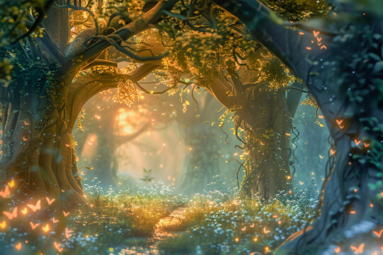 Beautiful enchanted forest with lights