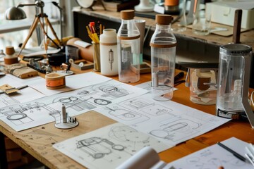 Innovative Product Design Studio Displaying Sketches and Prototypes in Creative Workspace