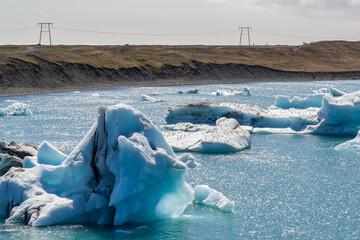 a stunning panoramic view over the unique breathtaking and iconic Jökulsárlón lagoon lake in...