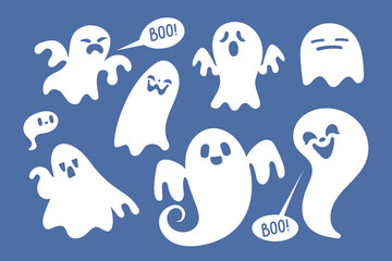 Spooky halloween ghost. Fly phantom spirit. Mysterious night shadows characters.