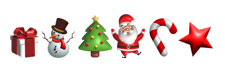 3d set of christmas icons, santd claus, xmas tree, gift, snowman, candy cane, star. Merry Christmas and Happy new year