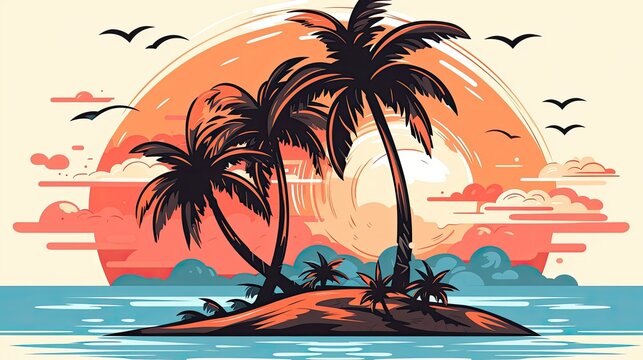 The setting sun casts a warm glow over a small tropical island. The island is covered in lush vegetation.