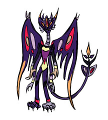 A monster with wings, horns and 4 arms on white background. Vector illustration