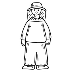 Beekeeper doodle. A man in bee-proof clothing. Cartoon character. Hand drawn vector sketch illustration.