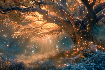 Beautiful magical forest with lights