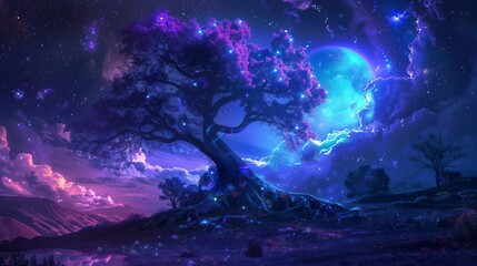Obraz premium Fantasy night landscape with magical old tree, neon landscape.