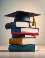 Front view of stacked books, a graduation cap and a diploma for education day, copy space for text

