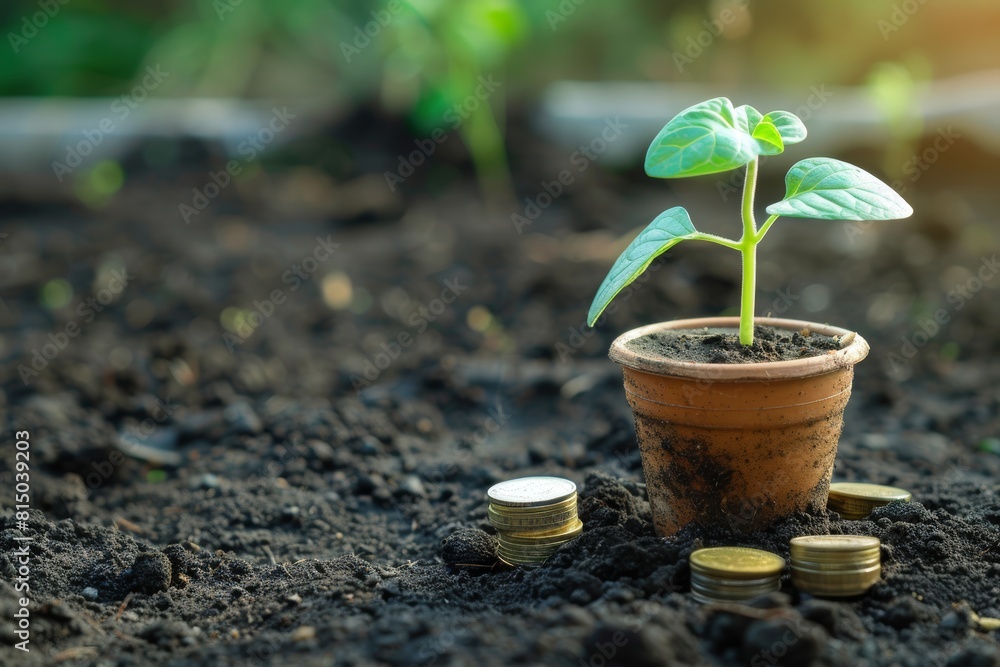 Wall mural growth and investment concept: young seedling sprouting from coins stack