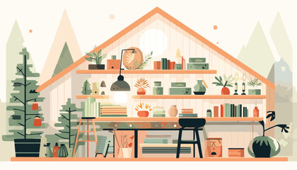 Naklejka premium Vector illustration of cozy home interior in scandinavian style. Flat design.