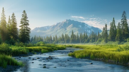 Alaska dreamy vacation with sunny weather in minimalistic landscape, natural landscape over a stream running to river with forest and mountain far away on clear blue sky hyper realistic 