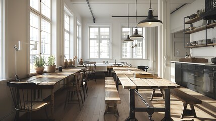 A Scandinavian dining room with a long, rustic wooden table, bench seating, and simple pendant lighting