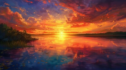 An image of a vibrant sunset over a serene lake, with colorful reflections shimmering on the water...