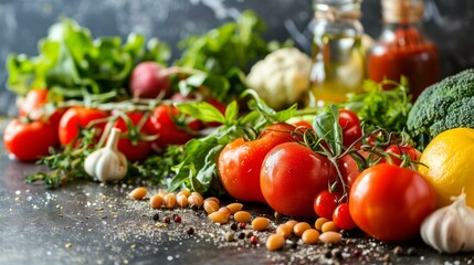 idea of flexitarian diet food by arrangement of fresh vegetables, fruits grains on dark background healthy eating