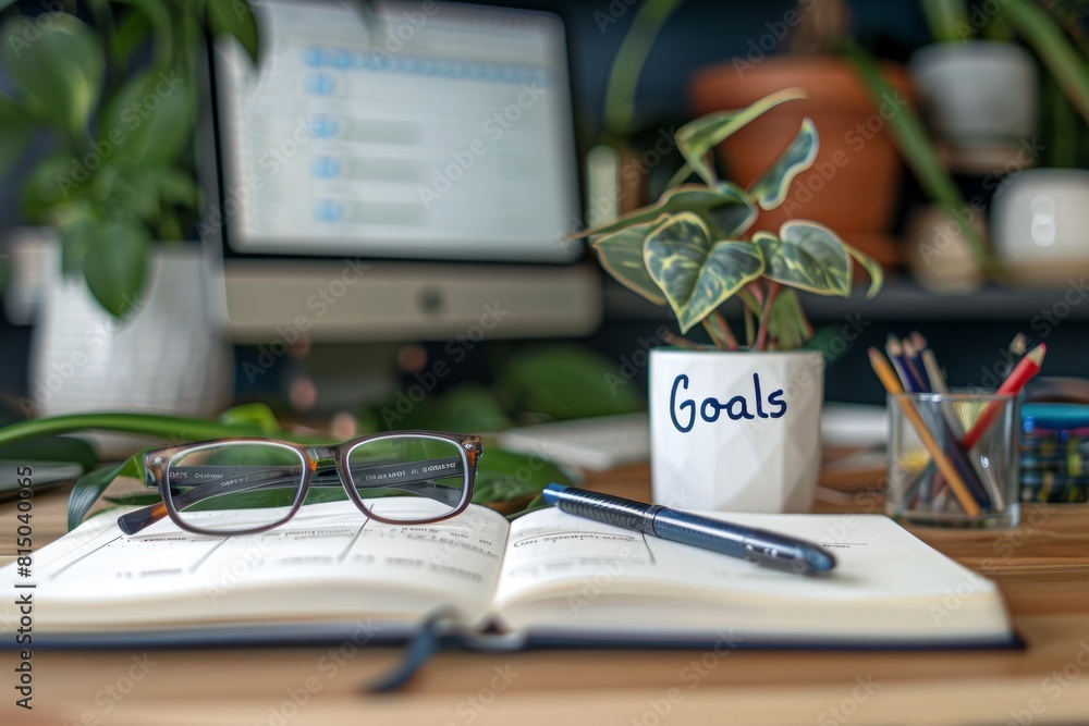 Poster organized workspace with goal-setting notebook and modern office tools
