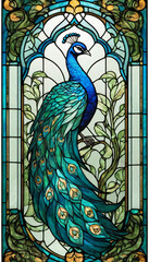 illustration in the style of a stained glass window with a beautiful green peacock bird, glass composition