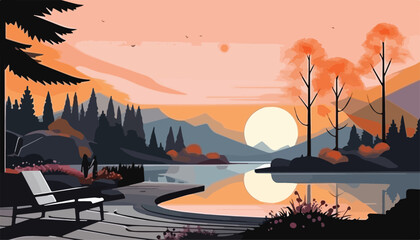 landscape with lake, mountains and trees in the evening, vector illustration