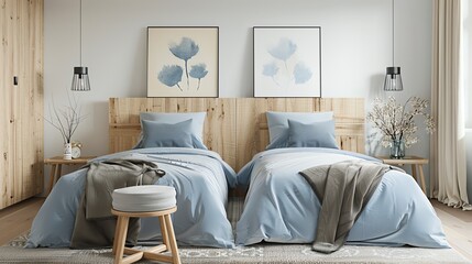 A Scandinavian guest room with twin beds, light wooden headboards, and soft blue and gray bedding
