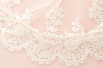 Elegant Wedding Invitation Design with Delicate White Lace and Pearls on Pink Background