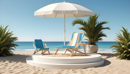 Simplistic 3D depiction of a beach setting. A white, circular podium is placed on a sandy surface, with a chair under a parasol, a surfboard, a beach ball, and a potted plant arranged upon it.