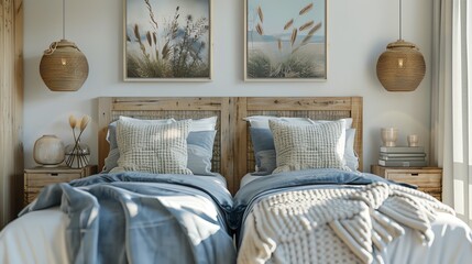 A Scandinavian guest room with twin beds, light wooden headboards, and soft blue and gray bedding