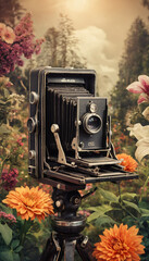 antique retro camera from the 19th century in yellow-orange colors