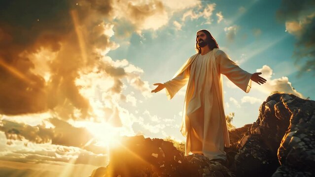 Jesus standing with rays and clouds in the background, cinematic scene
