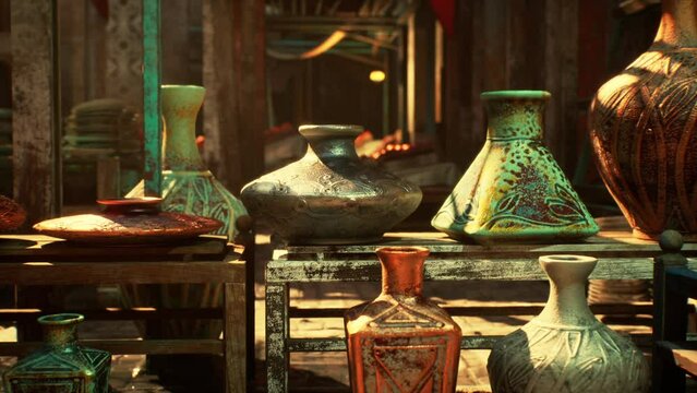 A collection of vases placed on top of a wooden table in an empty old oriental market setting at sunset.