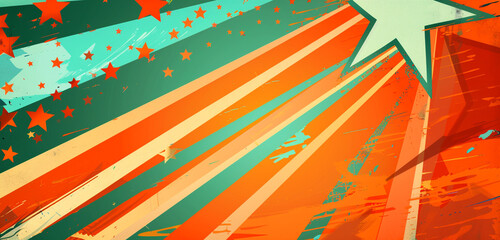 Fototapeta premium Orange and teal lightning streaks across an abstract stars and stripes motif.