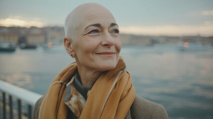 Portrait of hairless woman with alopecia standing on sea beach exudes hope