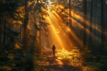 a man walking along a narrow dirt path winding through a dense pine tree forest. Rays of sunlight filter through the canopy