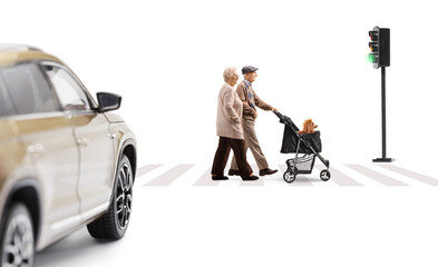 Elderly couple walking at a pedestrian crossing with a dog stroller