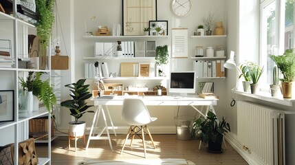 A Scandinavian home office with a clean white desk, ergonomic chair, and organized shelves for a clutterfree environment