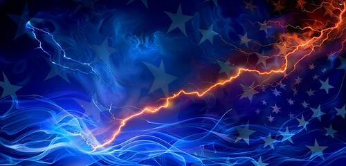 Obraz premium Patriotic elements fluidly merge with a luminous indigo and orange lightning bolt.