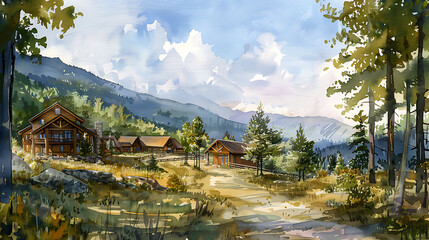 Wooden resort in the Mountains watercolor painting