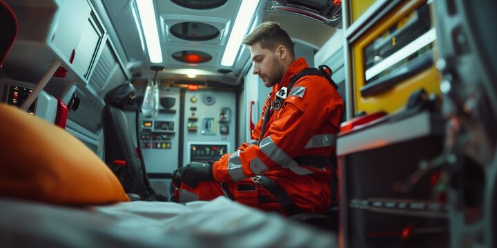 A focused emergency medical technician seated inside an ambulance, ready for duty