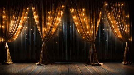 Theater stage with golden curtains. 3d illustration
